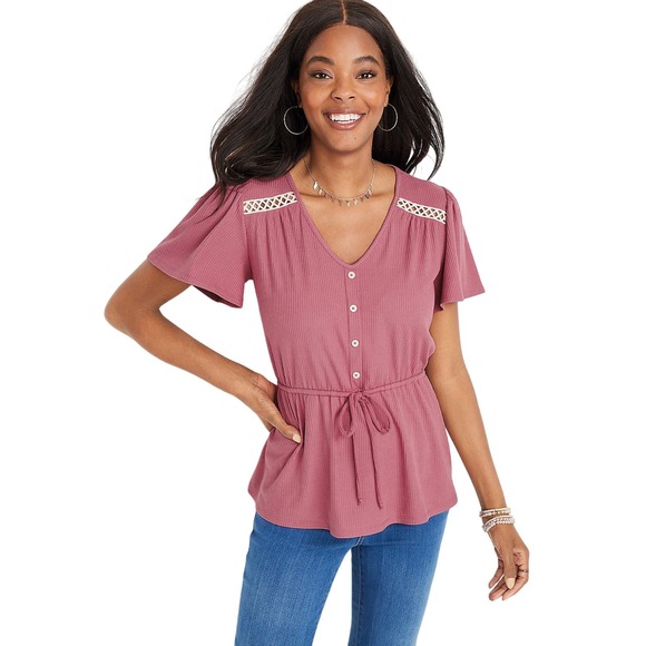 Maurice’s Pink Solid Button Front Peplum Top - Size Large - Picture 1 of 10